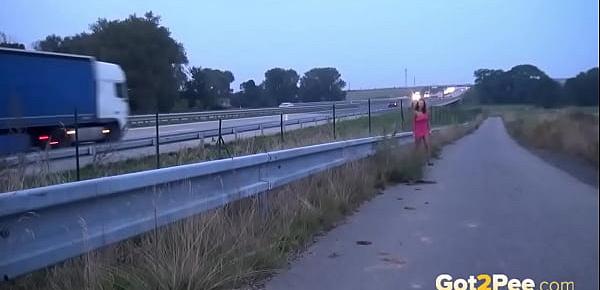  Public Pissing On The Highway For Sexy Brunette